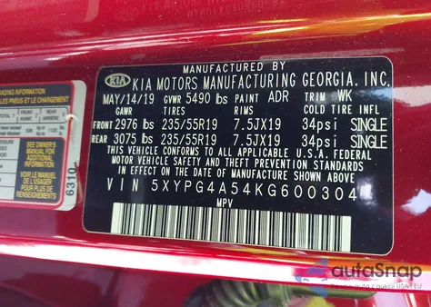 2019 Kia Sorento 3.3L S z USA, uszkodzony, nr VIN 5XYPG4A54KG600304